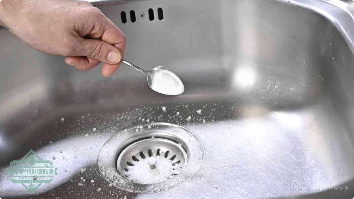Een hand strooit met een lepel soda in de afvoer van een roestvrijstalen spoelbak, de soda en azijn huismiddel-methode om de afvoer te ontstoppen in Harderwijk