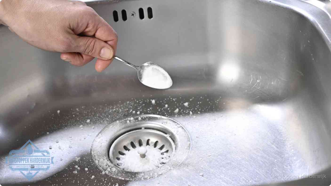 Een hand strooit met een lepel soda in het afvoerputje van een rvs spoelbak, de soda en azijn huismiddel-methode in Harderwijk
