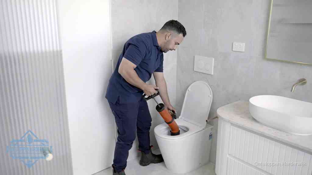 Een monteur buigt over een wandcloset en duwt met de hand een persluchtontstopper in de toiletpot om de verstopping handmatig los te maken in Harderwijk