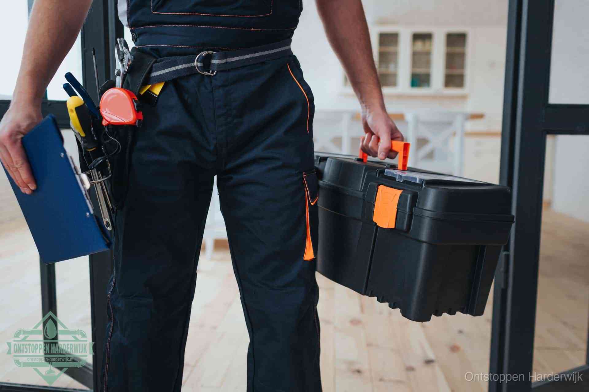 Een monteur met gereedschapsriem en klembord, klaar om een transparante prijs voor het afvoer ontstoppen in Harderwijk te geven