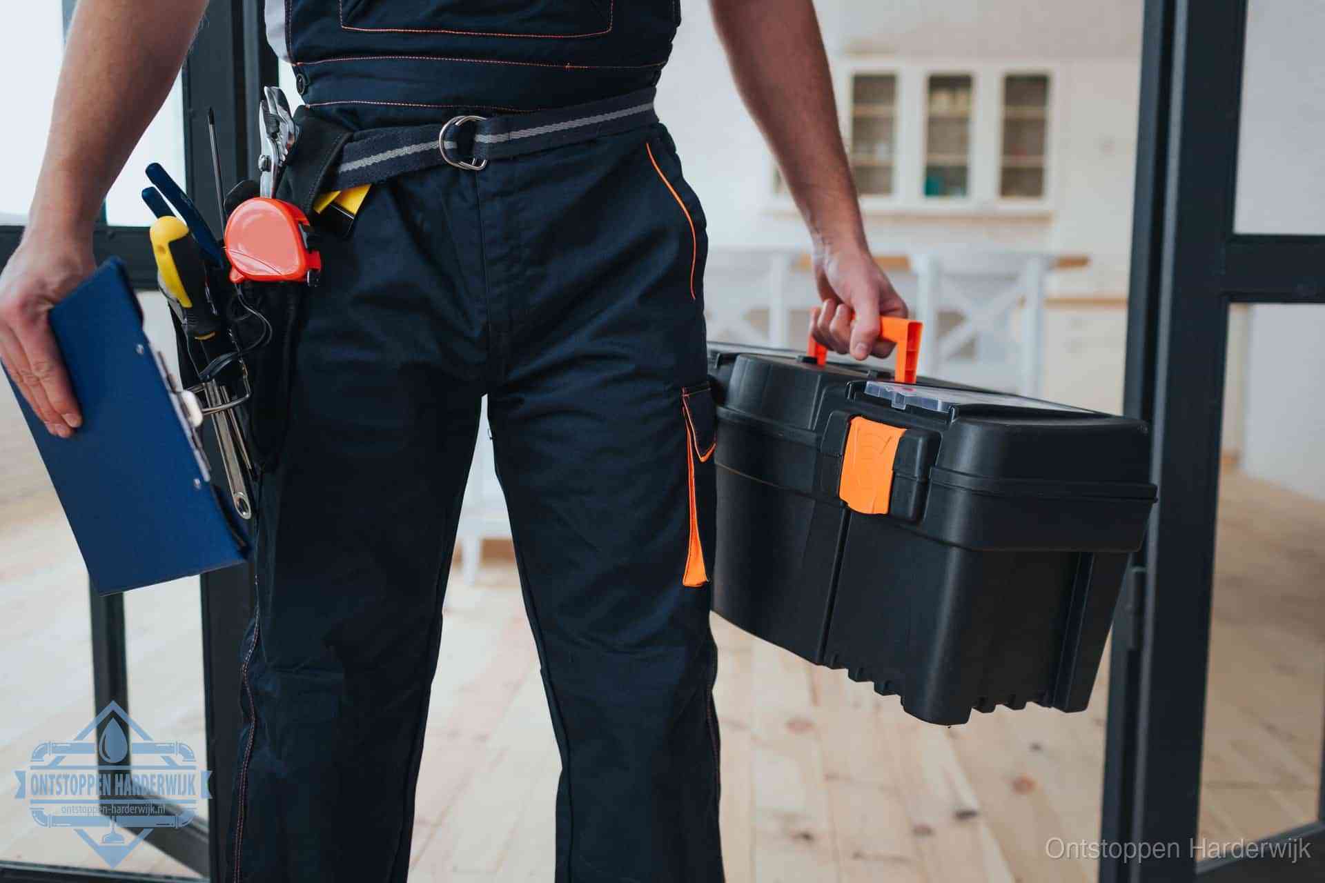 Een monteur met gereedschapsriem en klembord, klaar om een transparante prijs voor het wc ontstoppen in Harderwijk te geven
