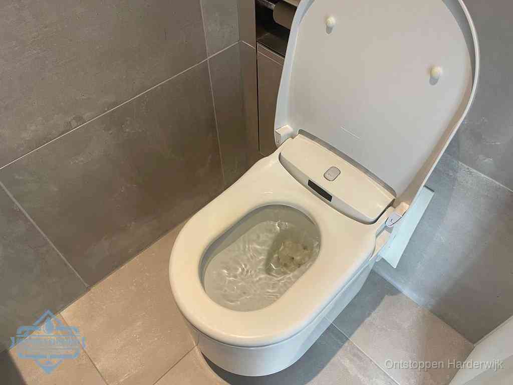 Een toiletpot vol troebel water met drijvend papier en restanten, de meest voorkomende oorzaak van een verstopte wc in Harderwijk