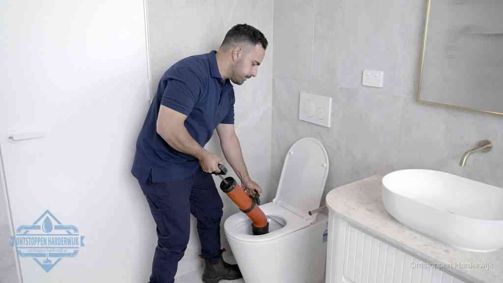 Een monteur gebruikt een handmatige perspomp (toiletontstopper) op een wandcloset tijdens het professioneel wc ontstoppen in Harderwijk