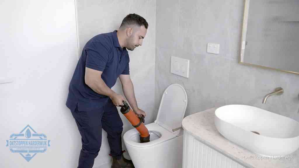 Een man gebruikt een handmatige luchtdruk-ontstopper in een modern betegeld toilet om zelf de wc te ontstoppen in Harderwijk